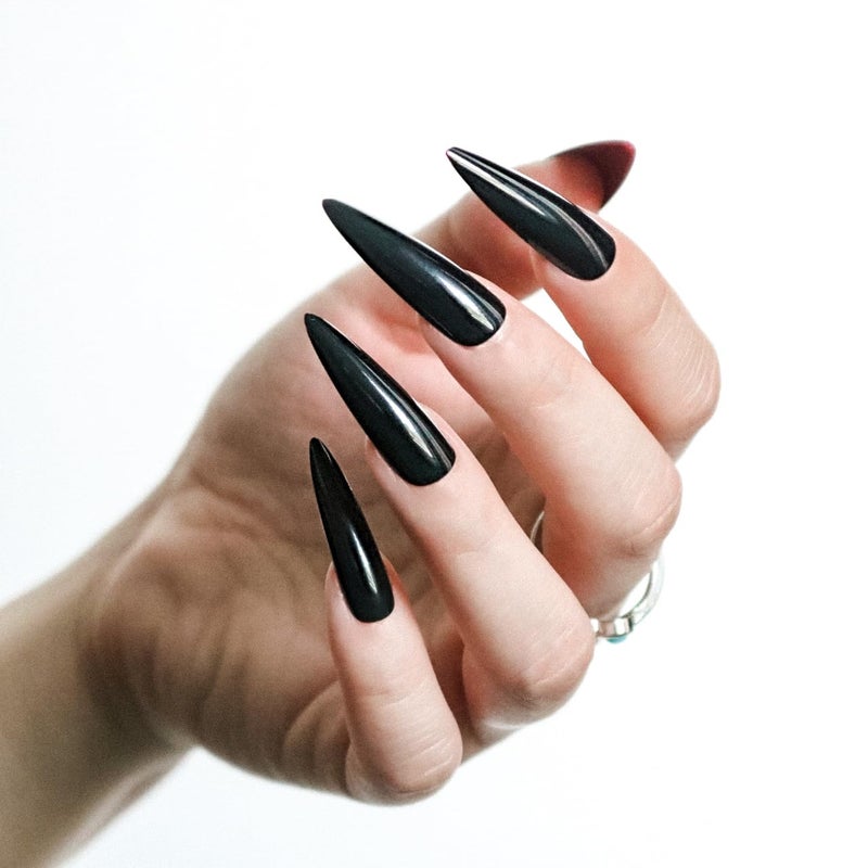 Allkem Press On Nails - Black Red Bottoms Glossy Extra Long Sculpted Stiletto 2 Set Bundle | 10 sizes - 20 pcs Nail kit with Glue - Image 5